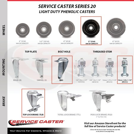 Service Caster 5 Inch SS Phenolic Wheel Swivel 10mm Threaded Stem Caster with Brake SCC SCC-SSTS20S514-PHS-TLB-M1015